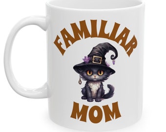 Black Cat Familiar Mom Coffee Mug, Witch Warlock Wizard Halloween Drinkware