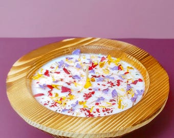 Wildflower Petal Candle Hand-Poured Soy | Round Wood Bowl Rose Sunflower Botanical