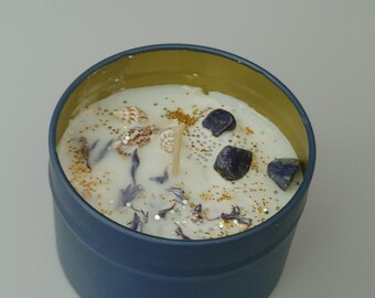 Lemongrass Soy Candle with Lapis Lazuli | Patina 4oz Blue Tin | Seashells | Fresh Start Gift