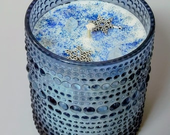 Winter Wonderland Soy Candle | Snowflake Crystal | Sandalwood Vanilla | Blue Hobnail 8oz Glass