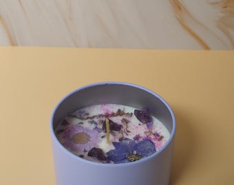 Jasmine Floral Hand Poured Soy Candle with Pressed Wildflowers | Amethyst & Lavender Botanicals | Summer Decor