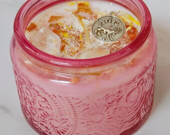 Aries Zodiac Soy Candle | Sandalwood Amber |  Pink 4oz Glass | Crystal Astrology Birthday Gift