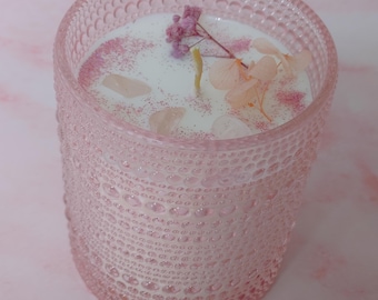 Cherry Blossom Soy Candle | Rose Quartz Crystal | Pink Ribbed 8oz Glass | Hand Poured Botanical Candle