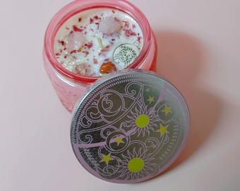 Cancer Zodiac Candle Hand-Poured Soy | Sandalwood Amber Rose Quartz | Pink Embossed Glass 4oz