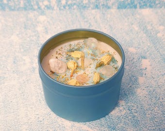 Patchouli Crystal Soy Candle with Jasmine | Teal  4oz Tin | Boho Home Decor