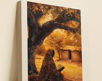 Consuelo en la sombra: Impresión digital de mujer musulmana africana, arte mural islámico, decoración con hiyab leyendo el Corán, descarga para el hogar musulmán