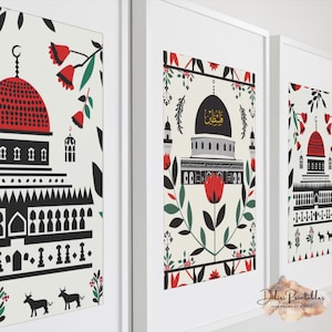 Palestine Geometric Floral Art Print Islamic Muslim Poster Arabic Decor, Eid Ramadan Gift, Large Wall Art Set of 3 Gallery Triptych