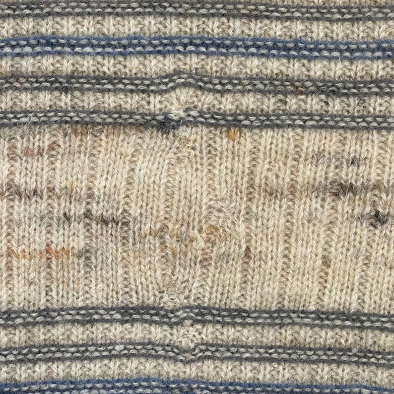 Pode incluir: Close-up de um tecido de malha com apar&ecirc;ncia texturizada. O tecido apresenta listras horizontais em tons de cinza e azul sobre um fundo bege. O padr&atilde;o de malha &eacute; vis&iacute;vel, criando uma superf&iacute;cie t&aacute;til e visualmente interessante.