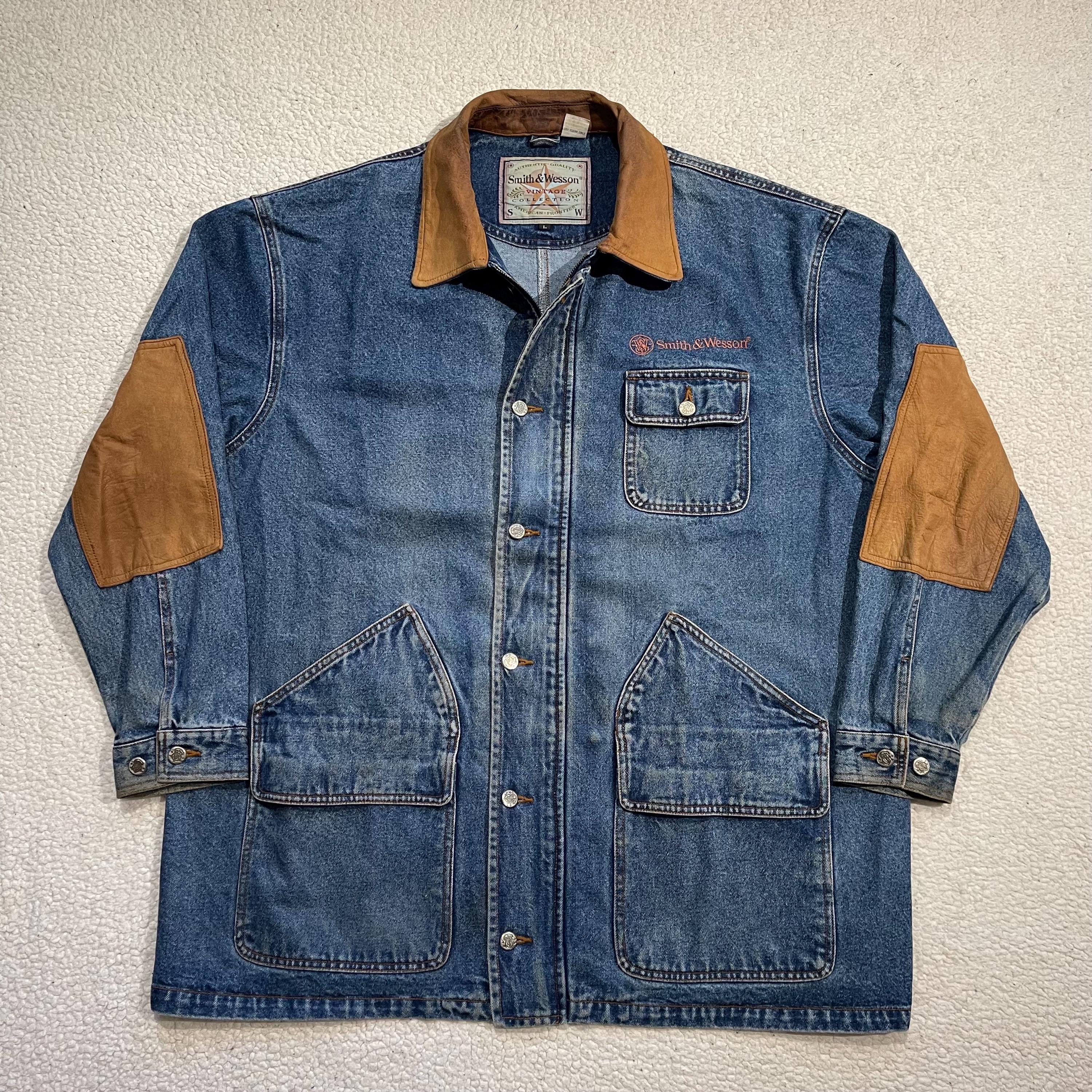 Vintage Smith Wesson Denim Chore Coat, Leather Collar, XL/XXL