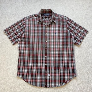 Vintage 90s Polo Ralph Lauren Button Up Multicolor Textured Cotton Oversized Plaid Preppy Embroidered Horseman Shirt Mens XL