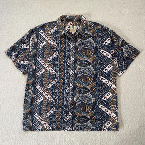 Camicia hawaiana vintage anni '90 Kahala con stampa di pesci, taglia XL, con bottoni e motivo geometrico astratto.