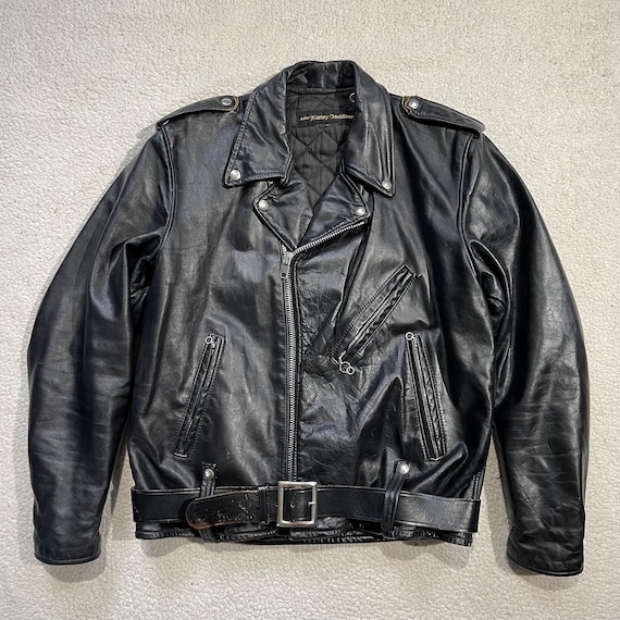 Vintage 1970s Harley-Davidson AMF Leather Biker Jacket Black Belted Zip Up Cropped Boxy True Vintage M