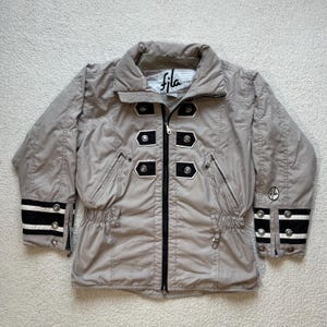 Vintage 90s Fila Snowtime Sportswear Metallic/Monochrome Geometric Full Zip Outdoor Ski Puffer Jacket Womens L