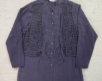 Vintage 1980s Silk Blouse Eggplant Braided Floral Boho Size M