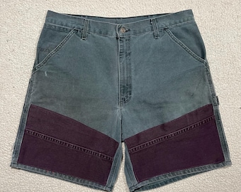 Pantalones cortos Carhartt Double Knee vintage personalizados de los años 90, color verde, lona de algodón retrabajada, dos tonos descoloridos, estilo carpintero, talla 34.