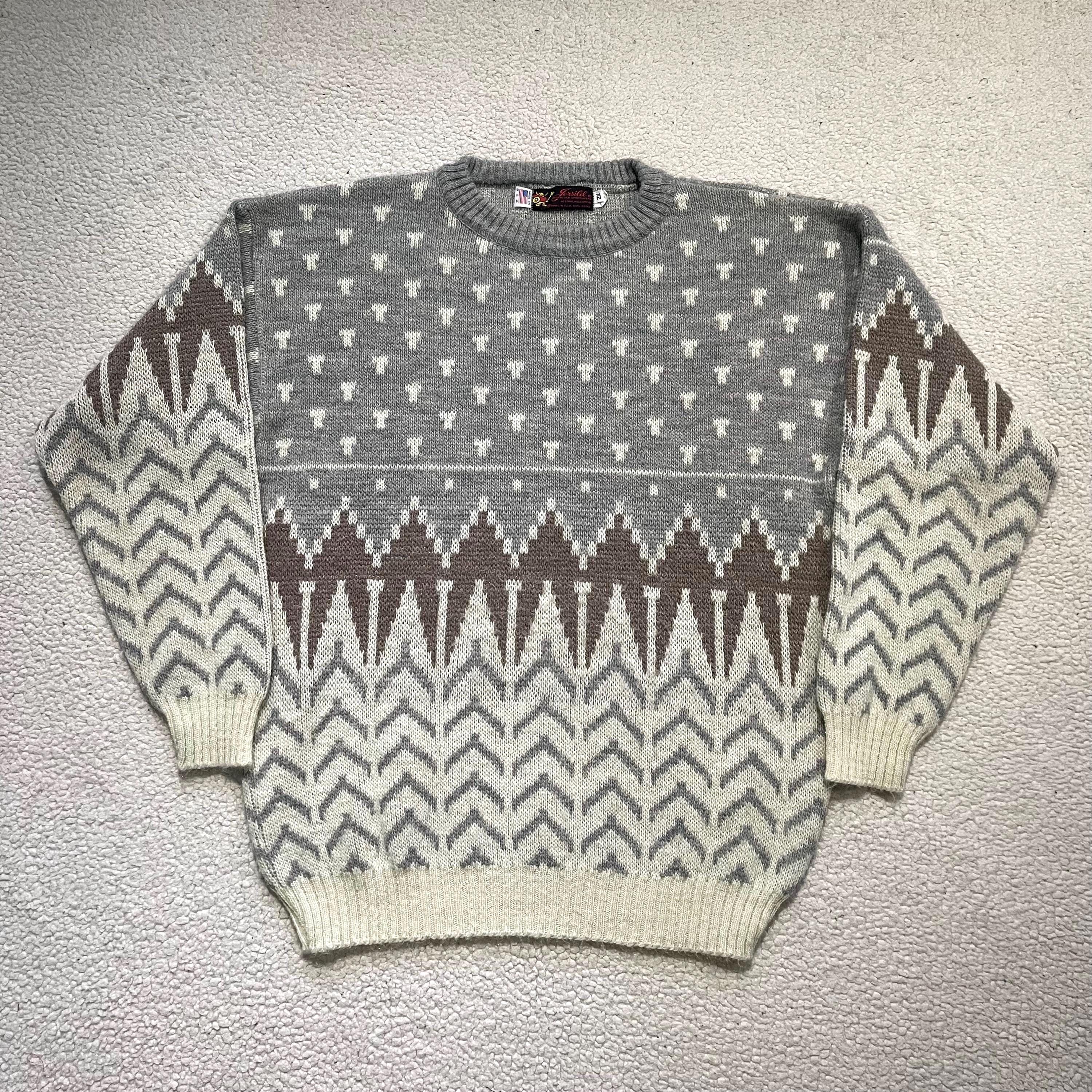 Vintage 1970s Geometric Pattern Knit Sweater Jersild Nordic Mohair Oversized Acrylic Earth Tone Crewneck Mens XL
