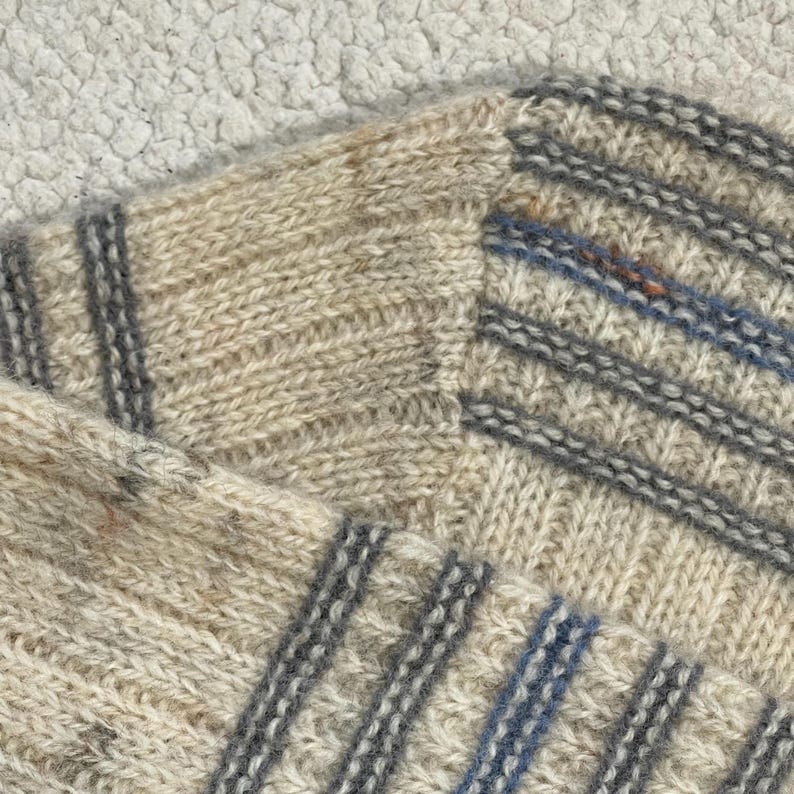 Pode incluir: Close-up de um su&eacute;ter de malha bege e cinza com listras azuis e cinzas. O su&eacute;ter tem um padr&atilde;o texturizado e parece ser feito de l&atilde; ou material semelhante. A imagem mostra uma parte do ombro e da manga do su&eacute;ter.