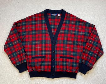 Vintage 80s Pendleton Wool Cardigan Sweater Plaid Luxury Patterned Button Up Mens L Boxy Preppy