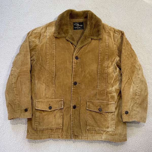 True Vintage 1960s Corduroy Fur Lined Jacket Sun Faded Distressed Coat Size L/XL