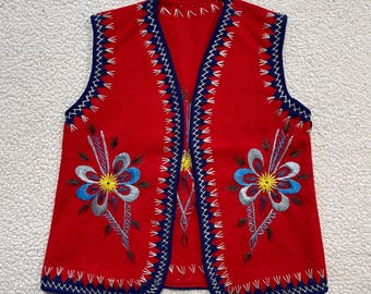 Vintage 1935 Polish Folk Dancing Vest Rare Stitched Floral Handmade Wool Vest Size XS