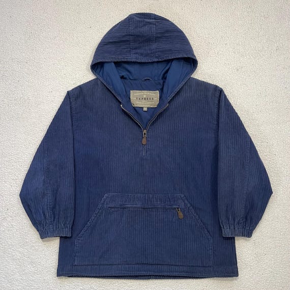 Vintage 90s Express Corduroy Anorak, Navy Blue Pullover Jacket 