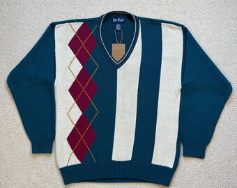 Vintage 1990s Par Four Golf Sweater Argyle V Neck All Cotton Preppy Knit Pullover Mens L