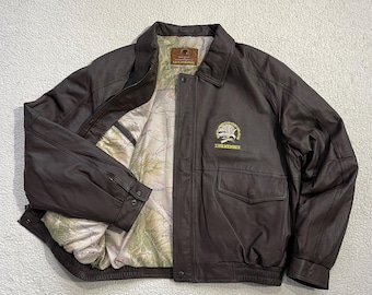 Vintage Map Lined Leather Bomber Jacket A-2 Front Pocket Boxy