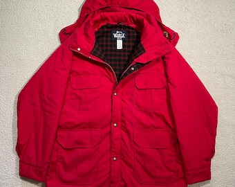 Vintage 80s Woolrich Overcoat Nylon Wool Lined Sporty Zip Up Red Preppy Woolrich Jacket Mens XL