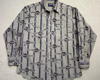 Vintage Wrangler Prushpopper Art Deco Southwestern 1980s Button Up Shirt Size XL