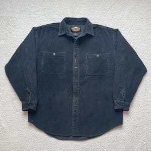 Vintage 90s Harley-Davidson Corduroy Shirt Streetwear Biker Gringe Black Corduroy Boxy Button Up Shirt Mens XL
