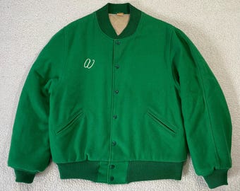 True Vintage 1950s Wool Varsity Jacket Kelly Green Quilt Lined Boxy Letterman Size M/L