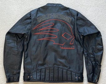 Harley-Davidson 90s ロゴ刺繍レアジャケット ヴィンテージ Harley Davidson - 【稀少！金赤糸刺繍限定品！】山羊&牛革