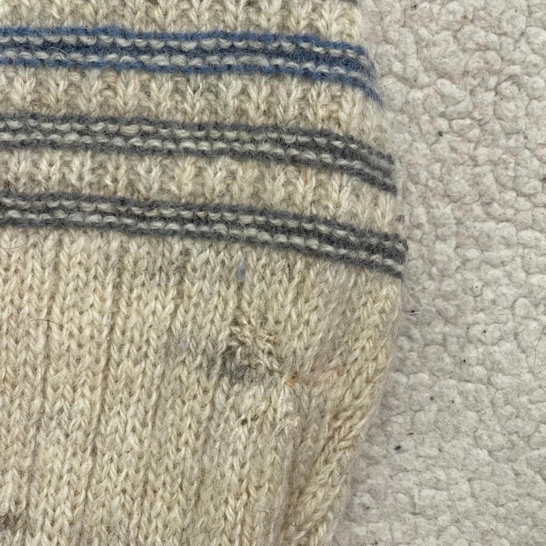 Pode incluir: Close-up de uma se&ccedil;&atilde;o de meia de malha. A meia &eacute; principalmente branco-sujo com listras horizontais azuis e cinzas. O padr&atilde;o de malha &eacute; vis&iacute;vel e a textura parece macia e quente. A meia &eacute; provavelmente feita de l&atilde; ou material semelhante.