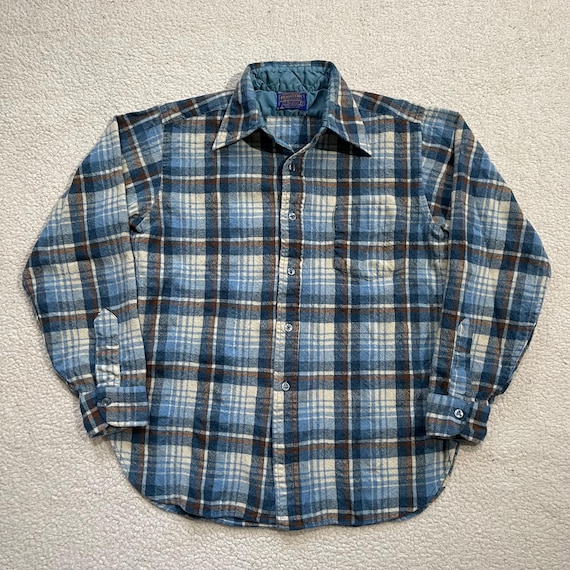 Vintage 70s Pendleton Plaid Flannel Shirt Sky Blue Butterscotch