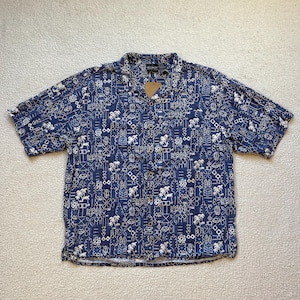 Vintage 90s Ocean Pacific Hawaiian Shirt Tribal Vacation Tropical Floral Art All Over Print Button Up Rayon/Cotton Shirt Mens XL