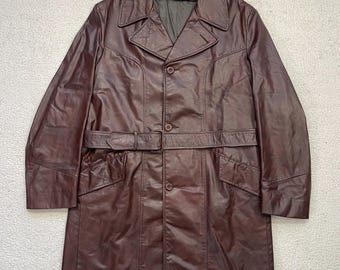 Vintage 1970s Oxblood Leather Trench Coat Field & Stream Western Genuine Leather Overcoat Mens L