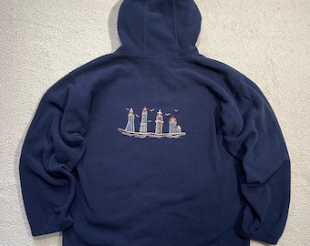Vintage 90s Embroidered Lighthouse Fleece Hoodie Zip Up Nautical Cozy Sweatshirt Mens XL
