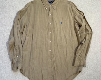 Vintage Polo Silk/Linen Beige Shirt 1990s Ralph Lauren Quiet Luxury Button Up Dress Shirt Size L/XL
