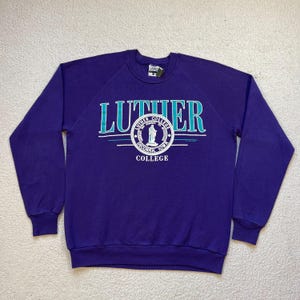 Vintage 90s Gopher Luther College Sweatshirt Collegiate Purple/Turqoise Raglan Puff Print Crewneck Mens M/L