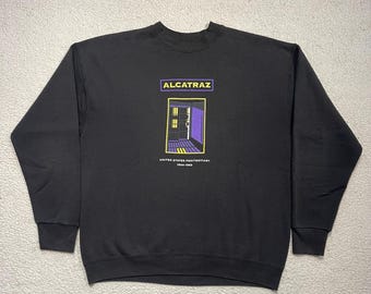 Vintage Alcatraz Prison Graphic Sweatshirt 1990s Black Faded Boxy Pullover Crewneck Alcatraz Island Size L/XL