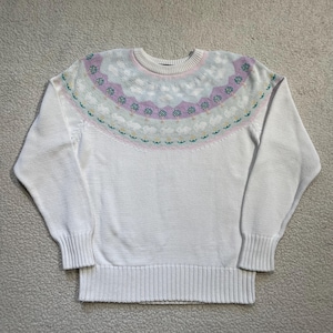 Vintage 80s Eddie Bauer Cottagecore Sweater Scenic All Cotton Orchard Pattern Knit Crewneck  Sweater Mens S