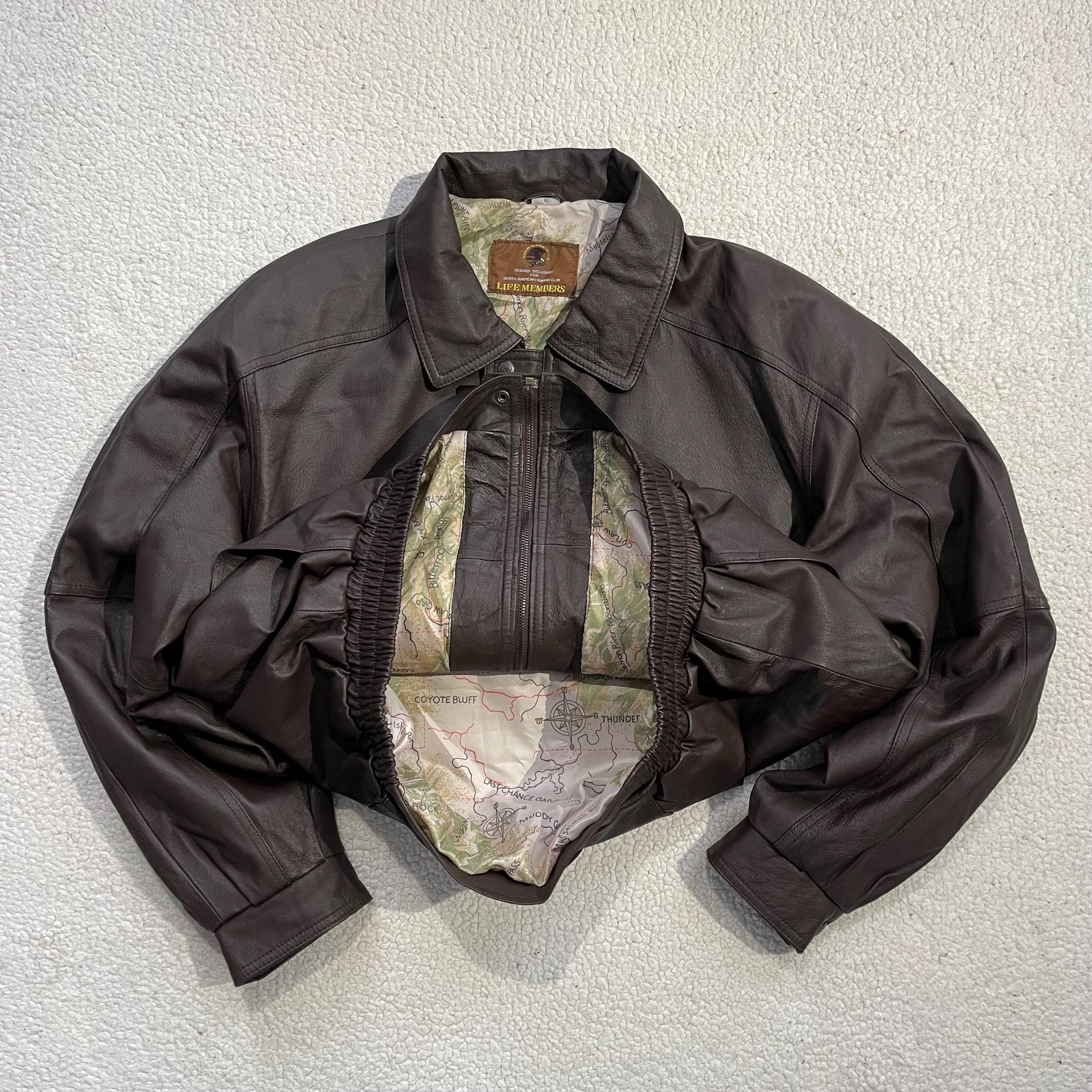 Vintage Map Lined Leather Bomber Jacket A-2 Front Pocket Boxy 
