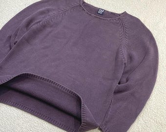 Suéter vintage Gap cor berinjela estilo pescador, anos 90, malha grossa de algodão, gola redonda raglan, tamanho M.
