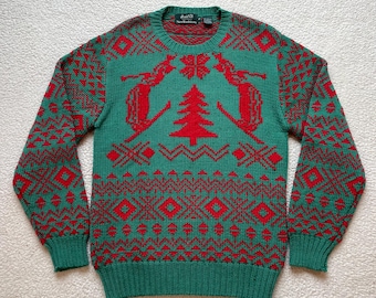 Vintage 80s Marshall Fields Abstract Christmas 3D Pattern Knit Geometric 100% Wool Skiing Art Outdoor Sweater Mens S