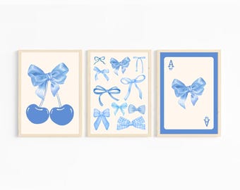 Set of Three Trendy Blue Bow Wall Prints
