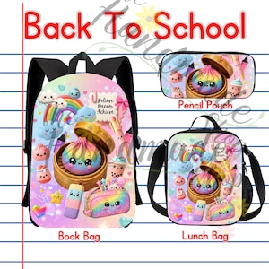 May include: A school set featuring a backpack, a lunch bag, and a pencil pouch, all decorated with a rainbow-colored dumpling character in a bamboo steamer, a rainbow, clouds, and the text Believe Dream Achieve on a pastel gradient background.