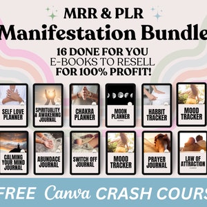 May include: A digital product bundle featuring 16 e-books on manifestation, self-love, spirituality, chakras, moon cycles, habit tracking, mood tracking, personal growth, crystals, calming your mind, abundance, switching off, prayer, and the law of attraction. The bundle also includes a free Canva crash course. MRR & PLR.