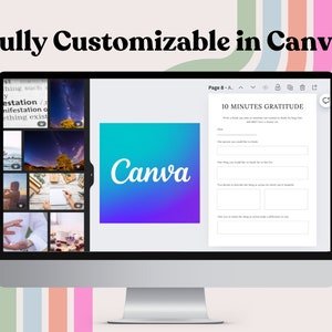 May include: A computer screen showing a Canva design template for a 10-minute gratitude journal. The template is customisable and features a gradient background with the Canva logo in the centre. The screen is surrounded by a colourful background.