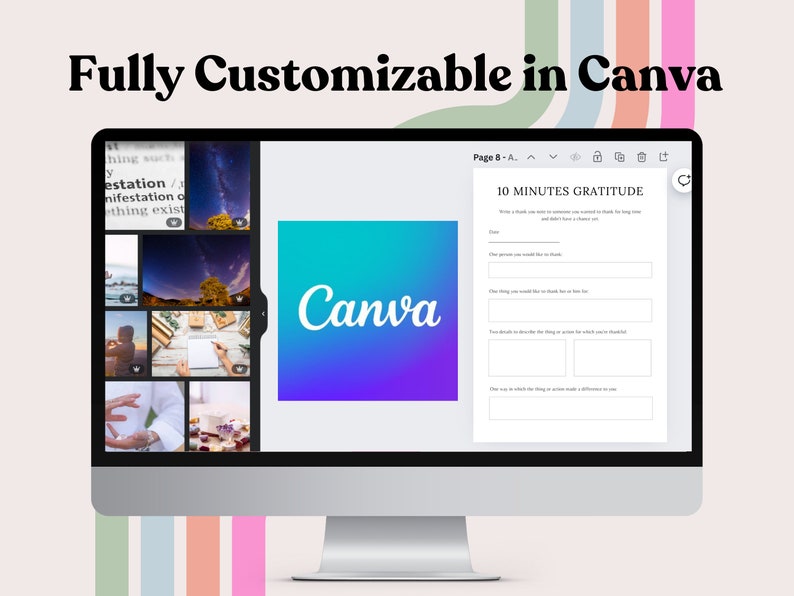 May include: A computer screen showing a Canva design template for a 10-minute gratitude journal. The template is customisable and features a gradient background with the Canva logo in the centre. The screen is surrounded by a colourful background.
