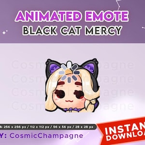 Puede incluir: Emoticono animado de Twitch que representa un gato negro con orejas moradas y un lazo rosa. El gato tiene el pelo rubio y los ojos azules. El emoticono está en estado de carga con un círculo giratorio.